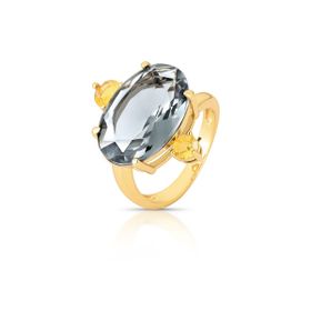Imagem do produto Anel Cristal Oval Fumê 18X13MM com Dois Pontos de Luz Citrino na Lateral Folheado a Ouro 18K