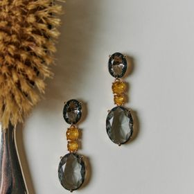 Imagem do produto Brinco 3 Cristais Ovais Pendentes Citrino e Fumê Folheado a Ouro 18K