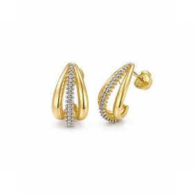 Imagem do produto Brinco Meia Argola Tripla Anatômica com Fios Lisos e Detalhes Ouro Branco em Ouro 18K