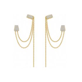Imagem do produto Brinco Ear Line com Piercing Cravejado de Moissanites Fake e Correntes Pendente em Prata 925 Folheado a Ouro 18K