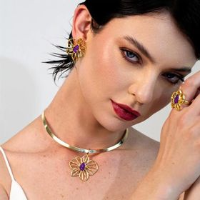 Imagem do produto Brinco Flora Ametista Oval Vazado Liso Folheado a Ouro 18K