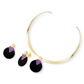 Imagem do produto Conjunto Chocker Agata Preta e Ametista Redondo Folheado a Ouro 18K