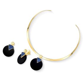 Imagem do produto Conjunto Chocker Agata Preta e Cianita Redondo Folheado a Ouro 18K