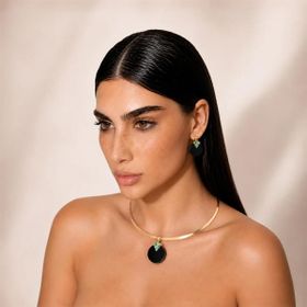 Imagem do produto Conjunto Chocker Agata Preta e Esmeralda Redondo Folheado a Ouro 18K