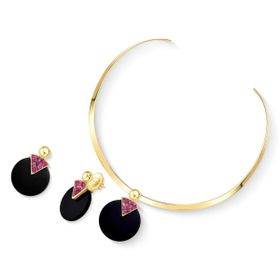Imagem do produto Conjunto Chocker Agata Preta e Rodonita Redondo Folheado a Ouro 18K