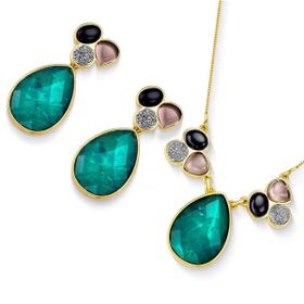 Imagem do produto Conjunto Diva Esmeralda Gota Pendente com Rutilo e Esmalte Preto na Base Folheado a Ouro 18K