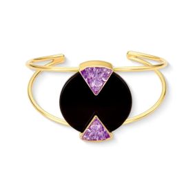 Imagem do produto Pulseira Geometria Ágata Preta e Ametista Bracelete Aberto Folheado a Ouro 18K