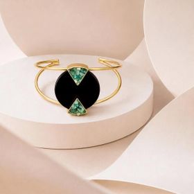 Imagem do produto Pulseira Geometria Ágata Preta e Esmeralda Bracelete Aberto Folheado a Ouro 18K