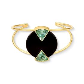 Imagem do produto Pulseira Geometria Ágata Preta e Esmeralda Bracelete Aberto Folheado a Ouro 18K