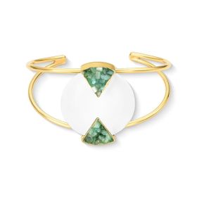 Imagem do produto Pulseira Geometria Porcelana e Esmeralda Bracelete Aberto Folheado a Ouro 18K