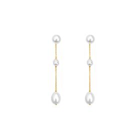 Imagem do produto Brinco Pendente Linear de Três Pérolas Pendentes na Corrente Folheado a Ouro 18K