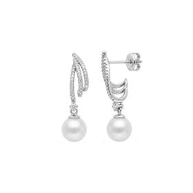 Imagem do produto Brinco de Base Cravejada com Zircônias Fileiras Curvas com Pérola Pendente em Prata 925