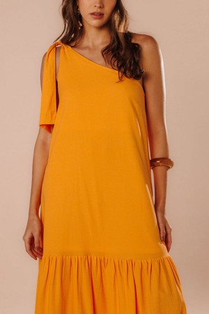 Vestido Cropped Amplo Linho Ombro Único Alina Laranja