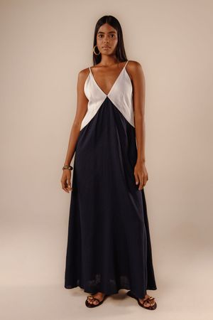 Vestido longo Ila color block marinho/off white