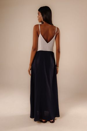 Vestido longo Ila color block marinho/off white