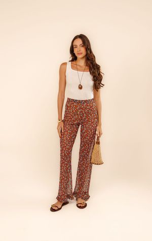 Calça longa tule Mira estampa jardim solar