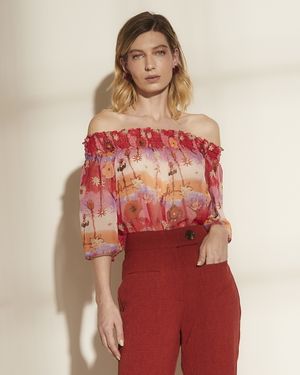 Blusa de Seda Ombro a Ombro Estampada