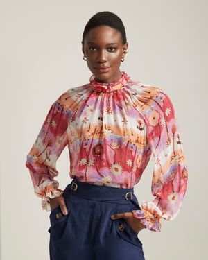 Blusa de Seda Estampada Gola Alta