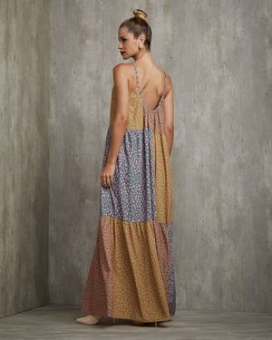 Vestido Longo Patchwork Estampa de Onça