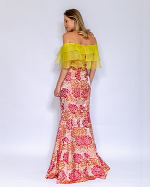 Vestido de Festa Jacquard Ombro a Ombro Organza