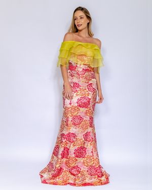 Vestido de Festa Jacquard Ombro a Ombro Organza