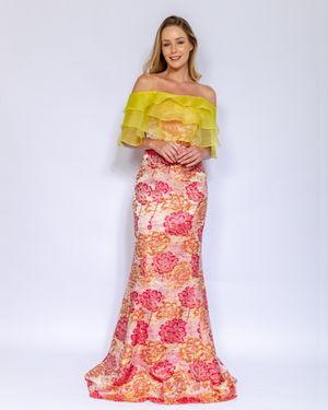 Vestido de Festa Jacquard Ombro a Ombro Organza
