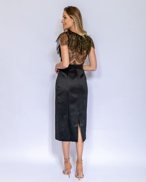 Vestido de Festa Midi de Cetim Detalhe Renda