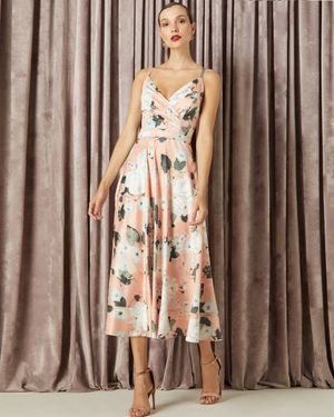 Vestido de Festa Midi Estampado Decote Pregas