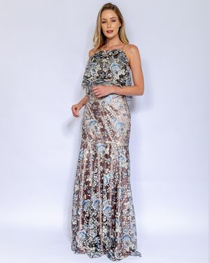 Vestido de Festa Longo Tule Bordado Corpo Babados