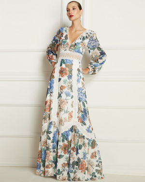Vestido de Festa Longo Estampado com Mangas