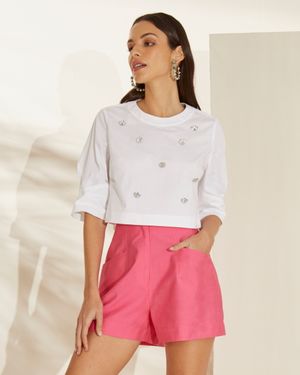 Blusa de Tricoline Bordados Strass