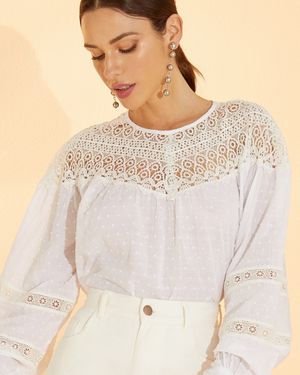 Blusa de Poá Manga Longa Mix de Rendas