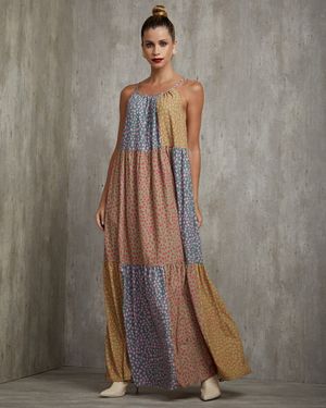 Vestido Longo Patchwork Estampa de Onça