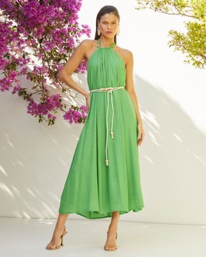 Vestido Midi Frente Única com Cinto de Cordão