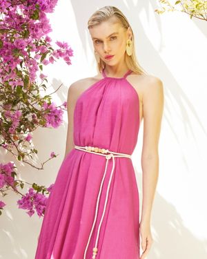 Vestido Midi Frente Única com Cinto de Cordão