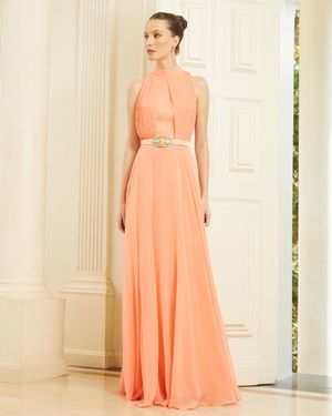 Vestido de Festa Longo Corpo Plissado com Marias na Saia
