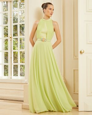 Vestido de Festa Longo Corpo Plissado com Marias na Saia