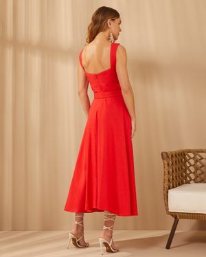 Vestido Midi Godê de Linho com Cinto de Fivela
