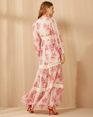 Vestido Longo Estampado de Corais com Entremeios
