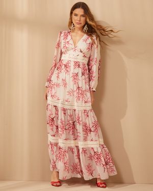 Vestido Longo Estampado de Corais com Entremeios