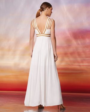 Vestido Longo Fluido com Detalhe Dourado