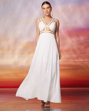 Vestido Longo Fluido com Detalhe Dourado