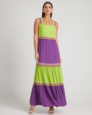 Vestido Longo Bicolor com Renda Rústica