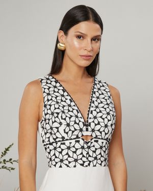 Vestido Midi de Linho com Busto Bordado