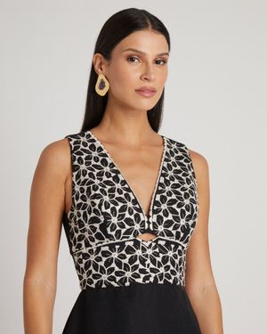 Vestido Midi de Linho com Busto Bordado