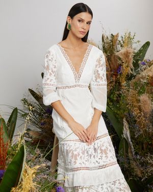 Vestido Longo Mix de Tecidos e Aviamentos