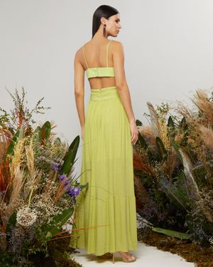 Vestido Longo Mix de Tecidos com Recorte
