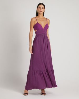 Vestido Longo Mix de Tecidos com Recorte