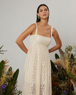 Vestido Longo Mix de Rendas e Chiffon