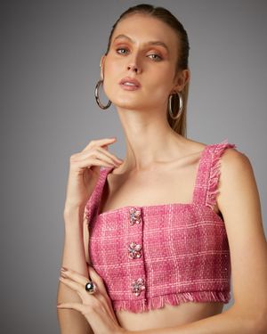 Conjunto Tweed Top Reto com Short Cintura Alta